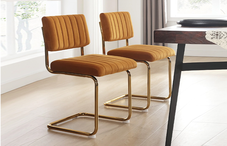 Velvet dining chair with chrome cantilever frame