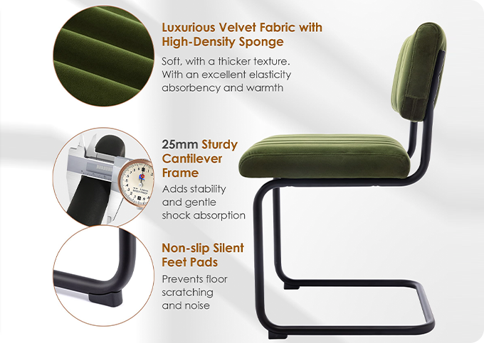 Cantilever dining chair with soft velvet fabric
