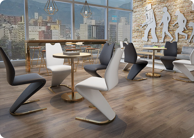 minimalist dining chair with leather cushion and steel legs